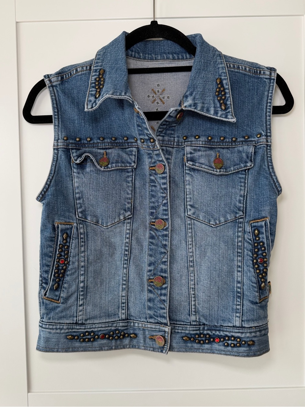 Vintage Y2K Blue Denim Embellished Rhinestone Rocker Moto Western Jean Vest